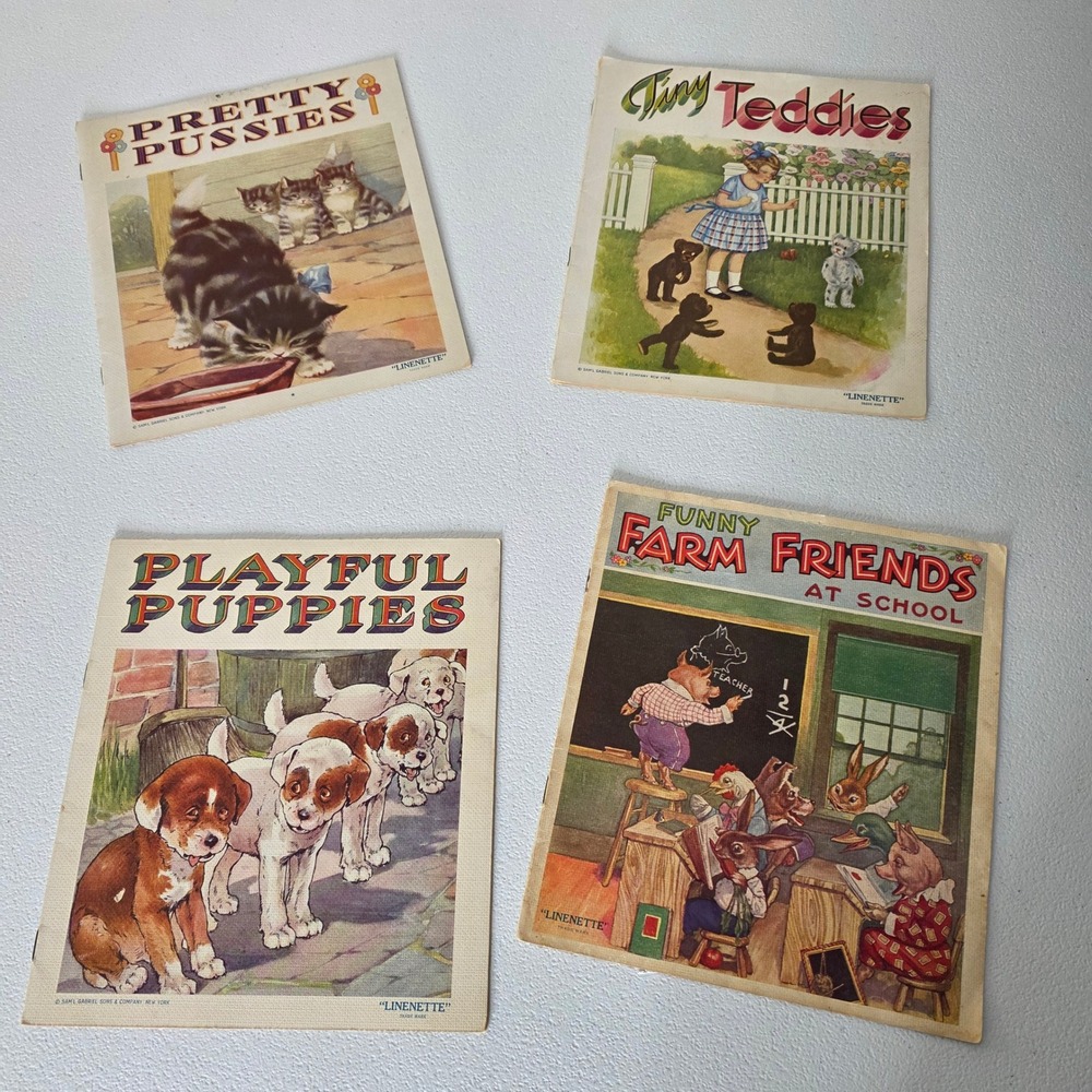 Saml Gabriel Sons Linenette Picture Books Kids OS Multicolor Vintage 1938‎ 4pc